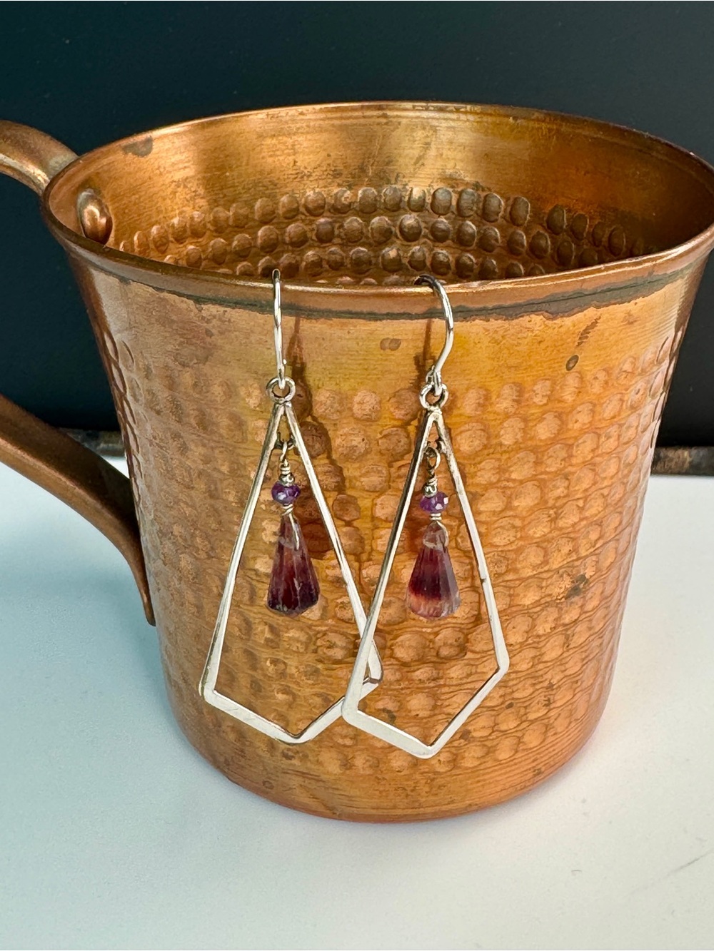 Silver Geometric Drop Earrings with Purple Fluorite Accent